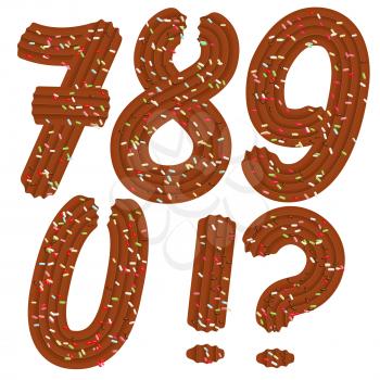 Tempting tipography. Font design. Icing letter. Sweet 3D numbers 7.8.9.0 and punctuation  marks of the chocolate cream and candy. Vector