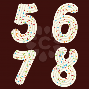 Tempting tipography. Font design. Icing letter. Sweet 3D numbers five, six, seven, eight  of the whipped cream and candy. Vector