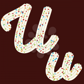 Tempting tipography. Font design. Icing letter. Sweet 3D letter U of the whipped cream and candy. Vector