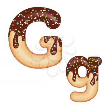 Tempting typography. Font design. Icing letter. Sweet 3D donut  letter G glazed with chocolate cream and candy. Vector