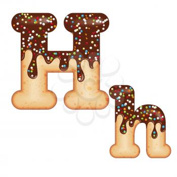Tempting typography. Font design. Icing letter. Sweet 3D donut  letter H glazed with chocolate cream and candy. Vector