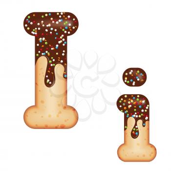 Tempting typography. Font design. Icing letter. Sweet 3D donut  letter I glazed with chocolate cream and candy. Vector