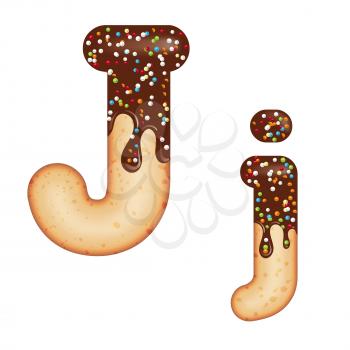 Tempting typography. Font design. Icing letter. Sweet 3D donut  letter J glazed with chocolate cream and candy. Vector
