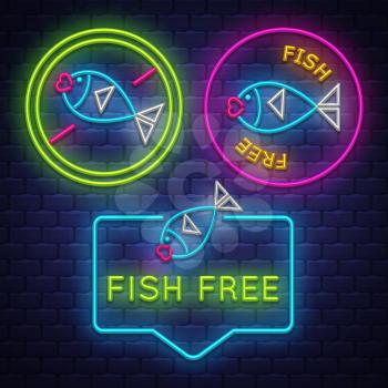 Fish Free badge collection . Allergy sign. Neon sign. Vector