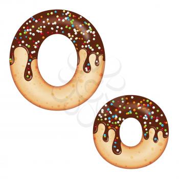 Tempting typography. Font design. Icing letter. Sweet 3D donut  letter O glazed with chocolate cream and candy. Vector