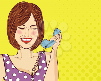 Amused pop art woman chatting on retro phone. Comic woman . Pin up girl. Vector illustration