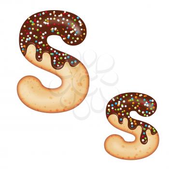 Tempting typography. Font design. Icing letter. Sweet 3D donut  letter S glazed with chocolate cream and candy. Vector