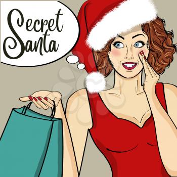 Secret Santa Girl with presents. Pop art woman