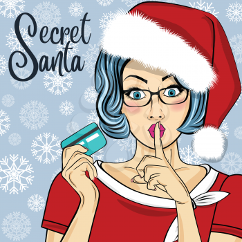 Secret Santa Girl with credit card. Pop art woman