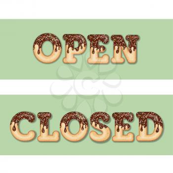 Tempting  typography. Icing text. Words open and closed glazed with chocolate and candy. Donut letters. Collection items. Vector