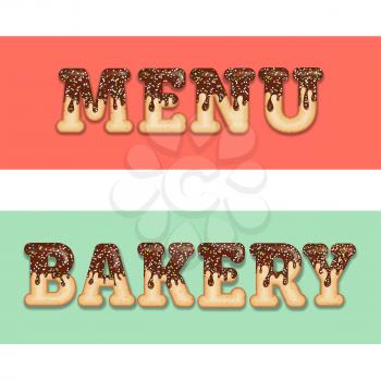 Tempting  typography. Icing text. Words menu and bakery glazed with chocolate and candy. Donut letters. Collection items. Vector