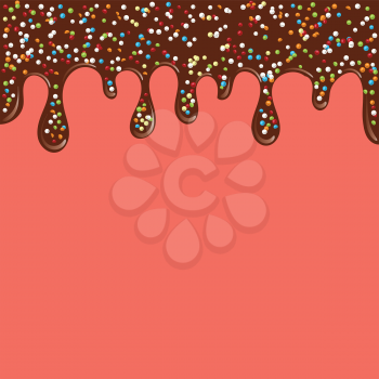 Sweet living coral color background glazed with chocolate and candy. Festive background. Icing background. Vector