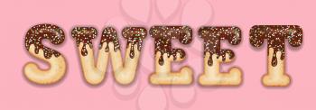 Tempting  typography. Icing text. Word  sweet glazed with chocolate and candy. Donut letters. Vector