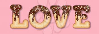 Tempting  typography. Icing text. Word  love glazed with chocolate and candy. Donut letters. Vector