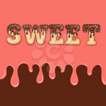 Tempting  typography. Icing text. Word  sweet glazed with chocolate and candy. Donut letters. Vector