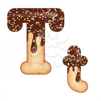 Tempting typography. Font design. Icing letter. Sweet 3D donut  letter T glazed with chocolate cream and candy. Vector