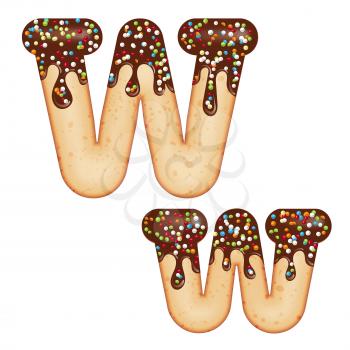 Tempting typography. Font design. Icing letter. Sweet 3D donut  letter W glazed with chocolate cream and candy. Vector