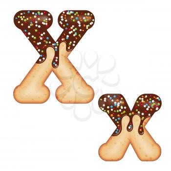 Tempting typography. Font design. Icing letter. Sweet 3D donut  letter X glazed with chocolate cream and candy. Vector