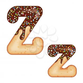 Tempting typography. Font design. Icing letter. Sweet 3D donut  letter Z glazed with chocolate cream and candy. Vector