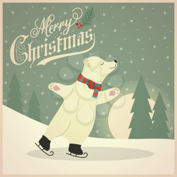 Beautiful retro Christmas card with polar bear skating on ice. Flat design. Vector