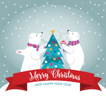 Christmas card with cute polars bears adorns the Christmas tree and wishes. Flat design. Vector
