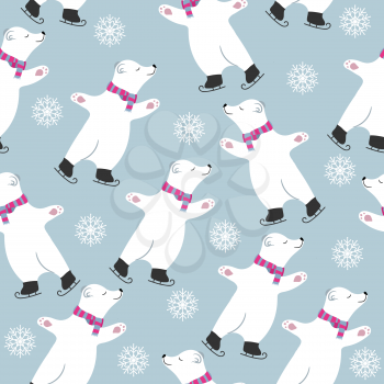 Christmas seamless pattern with polar bears skatting. Suitable for Christmas posters, wrapping and print. Vector
