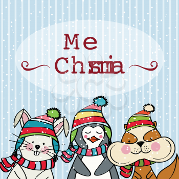 Doodle Christmas card with funny dressed animals, pengun, bunny and squirrel