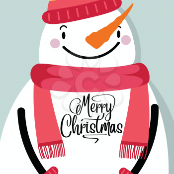 Christmas Card with snowman. Retro style Christmas poster. Vector