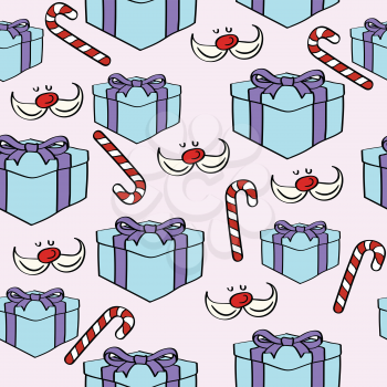 Christmas seamless pattern with presents, candy canes and santa moustache for Christmas background,  wrapping paper, print. Vector