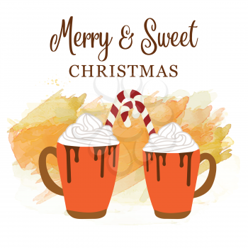 Cute Christmas card with hot chocolate and candy cane. Love and sweet Christmas poater, vector