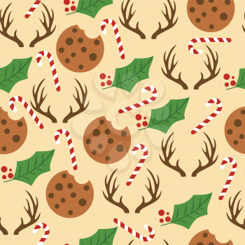 Christmas seamless pattern with Christmas candy canes, reinders, mistletoe and cookies for Christmas background,  wrapping paper, print. Vector