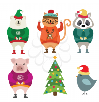 Funny flat design animals dressed for Christmas. Christmas bundle. Isolated on white background. Vector
