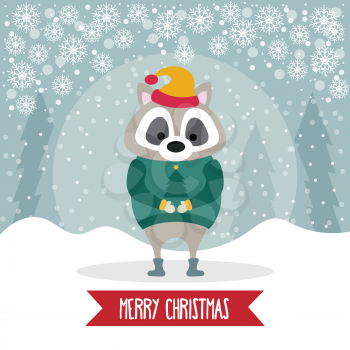 Beautiful flat design Christmas card with dressed raccoon. Christmas poster. Vector