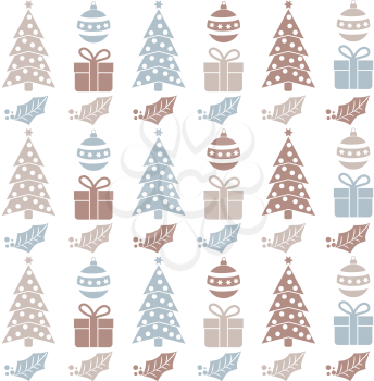 Christmas seamless pattern with  balls, Christmas trees, gifts and mistletoe. Christmas background. Christmas wrapping. Flat design