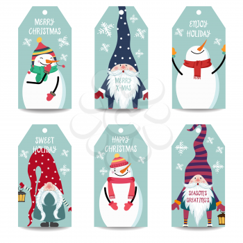 Christmas labels collection with snowman and gnomes isolated items on white background, eps10