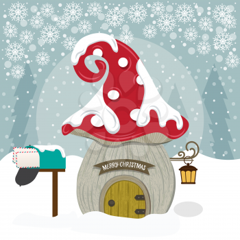 Christmas card with cute gnome house.. Christmas poster. Flat design. 