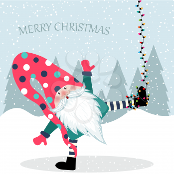 Beautiful flat design Christmas card funny gnome hanging. Christmas poster. Vector