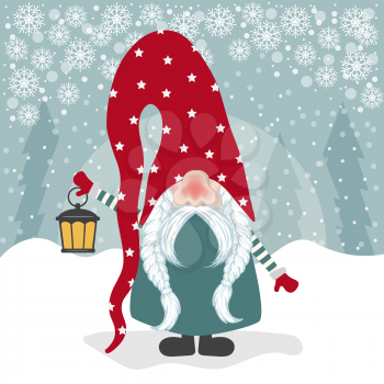 Christmas card with  gome and his lantern. Flat design. Vector