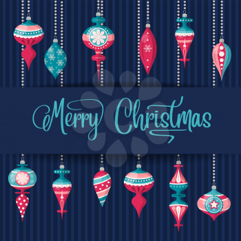 Christmas card with Christamas balls and wishes. Christmas background. Flat design. Vector