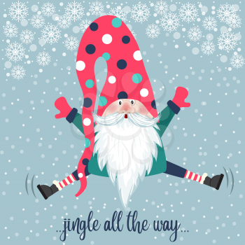 Cute gnome jump. Christmas card. Flat design. 