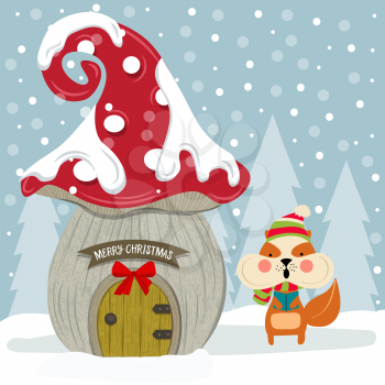 Christmas card with cute squirrel and fairy house. Flat design. Vector
