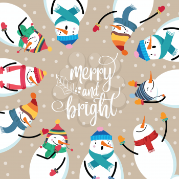 Beautiful flat design Christmas card with snowman and wishes. Christmas poster. Print. Vector