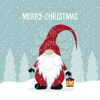 Christmas card with cute gnome. Flat design. Vector