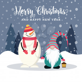 Beautiful flat design Christmas card with snowman and gnome . Christmas poster. Vector