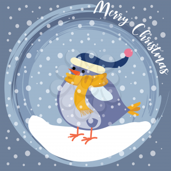 Christmas card with little blue bird. Flat design. Vector