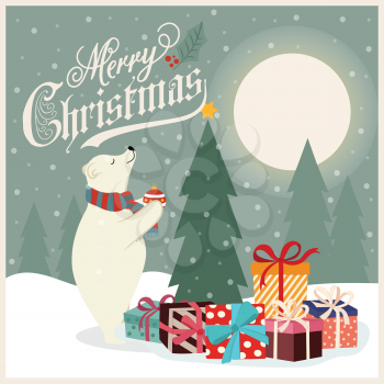 Retro Christmas card with polar bear that adorns  the Christmas tree. Flat design. Vector