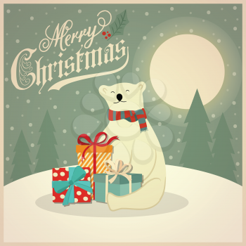 Christmas card with polar bear and gift boxes. Flat design. Vector