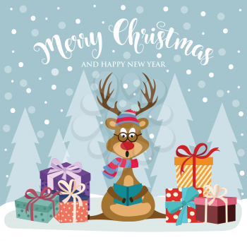Christmas card with cute reindeer and gift boxes. Flat design. Vector