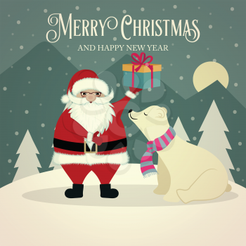 Beautiful retro Christmas card with polar bear and Santa. Flat design. Vector