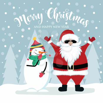 Christmas card with Santa and snowman. Flat design. Vector
